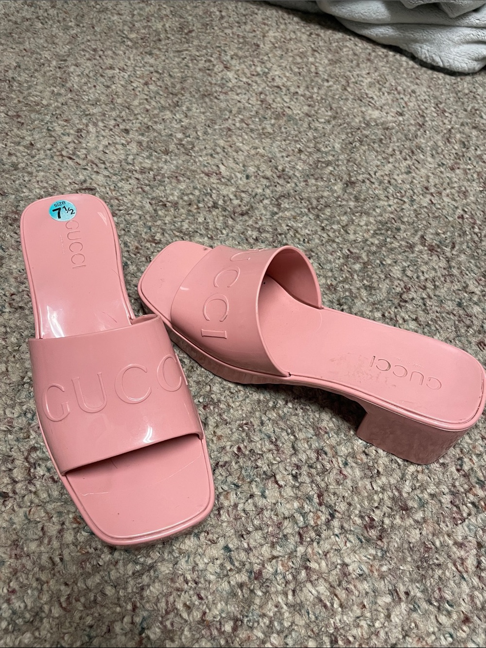 Pink designer logo Patent plastic heeled Slide Mules